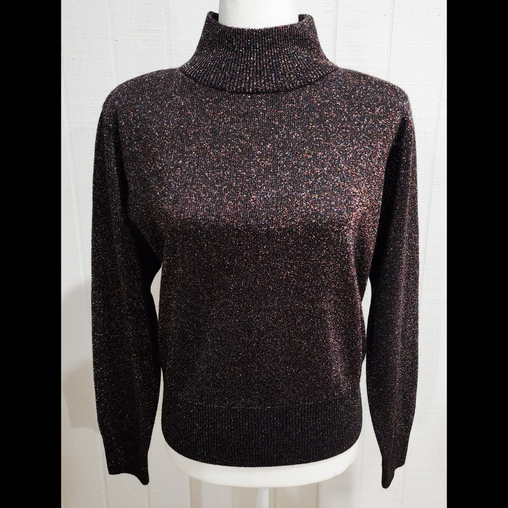 Allover Glitter Sweater Top Mock Neck Dress Barn Sz Medium Colorful Lightweight